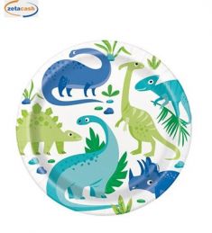 CONF 8 PIATTI PIANI CARTA STAMPA DINOSAURI D 22 CM