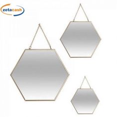 SET 3 SPECCHI DA PARETE DECORATIVI ESAGONALI BORDI ORO