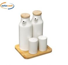 SET 4 PZ MENAGE CERAMICA BIANCA TAPPO BASE BAMBOO H19X15X13