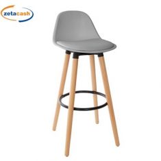 SGABELLO BAR CON SEDUTA GRIGIA GAMBE IN LEGNO CM 43X40XH92