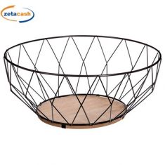 CESTA DI FRUTTA IN METALLO NERO E LEGNO DIAM 28 X H 11 CM