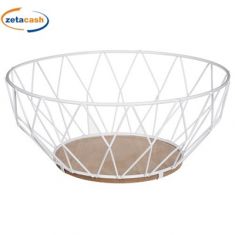 CESTA DI FRUTTA IN METALLO BIANCO E LEGNO DIAM 28 X H 11 CM