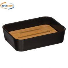 PORTA SAPONE IN PLASTICA NERO E BAMBOO CM 9X12X3