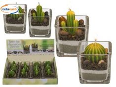 CANDELA CACTUS IN VASO VETRO CON SABBIA E PIETRE ASS