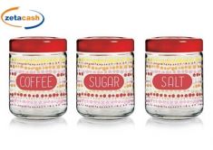 SET 3 BARATTOLI VETRO POIS COLORATI TAPPO ROSSO PLASTICA