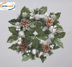 GIROCANDELA CON PERE E PIGNE ARGENTATE GLITTERATE DIAM 18 CM