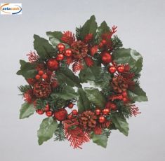 GIROCANDELE CON BACCHE E PIGNE ROSSE GLITTERATE CM 32