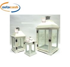 LANTERNE IN LEGNO CON TETTO IN METALLO BIANCO 3 PEZZI