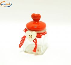 BARATTOLINO VETRO CON MERLETTO ROSSO CM H10/6X5,5X5,5