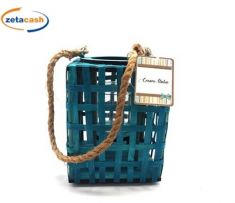 LANTERNA PORTACANDELA FASCETTE LEGNO BLU QUADRATA H21X16