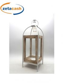 LANTERNA CON FILO METALLICO BIANCA E LEGNO H.47X16.5X16.5CM
