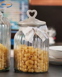 BARATTOLO VETRO CON TAPPO CERAMICA CON CUORE E NASTRO H. 27