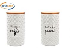 BARATTOLO CERAMICA BIANCO COPERCHIO LEGNO SCRITTA H 18 D 11