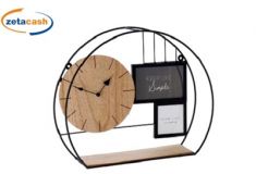 MENSOLA 1 RIPIANO METALLO E LEGNO CON PORTAFOTO E OROLOGIO