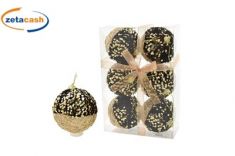 BOX 6 SFERE NERE E ORO PAILETTES E GLITTER D 9 CM