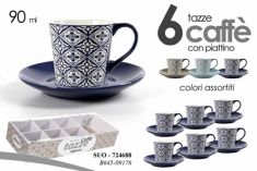 TAZZE CAFFE' 6 PZ. DECORATE IN PORCELLANA CON PIATTINO 90ml