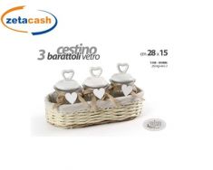 BARATTOLI IN VETRO 3 PEZZI CON CESTO IN VIMINI.
