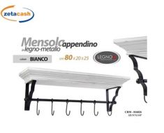 MENSOLA DA MURO IN LEGNO BIANCO CON 6 GANCI CM 80X20XH25