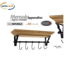 MENSOLA DA MURO IN LEGNO MARRONECON 5 GANCI 60X16XH20