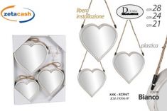 SPECCHIO CON BORDO BIANCO FORMA CUORE 28 24 21 CM 3 PEZZI