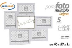 PORTAFOTO PARETE LEGNO BIANCO 5 CORNICI SCRITTA ORO FAMILY