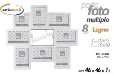 PORTAFOTO PARETE LEGNO BIANCO 8 CORNICI SCRITTA FAMILY ORO