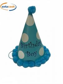 CAPPELLO CON PON PON SCRITTA HAPPY BIRTHDAY BOY CELESTE