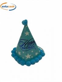 CAPPELLO CON PON PON CELESTE SCRITTA HAPPY BIRTHDAY