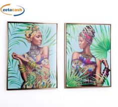 QUADRO IN TELA CON CORNICE ORO DECORO DONNA AFRICANA 83X63CM