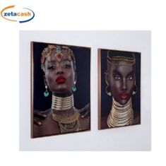 QUADRO IN TELA CON CORNICE ORO DONNA AFRICANA CON COLLANA
