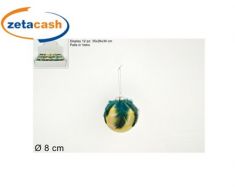 SFERA NATALIZIA IN VETRO ORO GLITTERATO CON PIUME VERDI CM 8