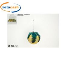 SFERA DI VETRO ORO BRILLANTINATA CON PIUME VERDI cm 10