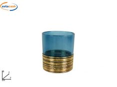 PORTACANDELA IN VETRO BLU CON NASTRO ORO