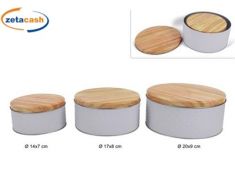 SET 3 SCATOLE TONDE LATTA BIANCO COPERCHIO EFFETTO LEGNO