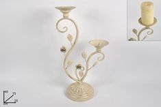 CANDELIERE IN FERRO A 2 POSTI CON FOGLIE E FIORI BEIGE