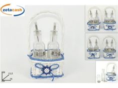 MENAGE IN VETRO CON CESTO IN VIMINI E APPLIC PESCI