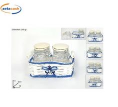 CESTO IN VIMINI CON DUE BARATTOLI IN VETRO250 ML