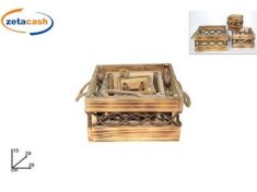 SET 3 CASSETTE LEGNO NATURALE QUADRATE CON CORDA 3 MIS
