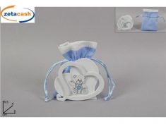 RICORDO NASCITA CUORE LEGNO BIANCO ORSETTO SACCHETTO CELESTE