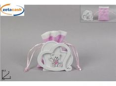 RICORDO NASCITA CUORE LEGNO BIANCO ORSETTO SACCHETTO ROSA H8