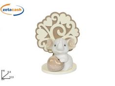 ELEFANTE CERAMICA BIANCO BEIGE ALBERO DELLA VITA LEGNO H17CM