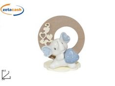 ELEFANTINO CON CUORE CELESTE CERAMICA CON BASE LEGNO E CUORI