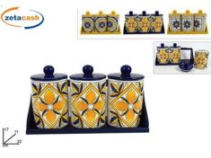 BARATTOLI IN CERAMICA BASE LEGNO DECORO MAIOLICA 3PZ