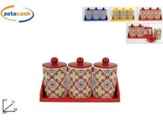 BARATTOLO IN CERAMICA BASE IN LEGNO E DECORO MAIOLICA 3PZ