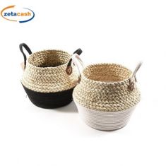 CESTO IN TESSUTO INTRECCIATO CON MANICI E BORDO IN VIMINI