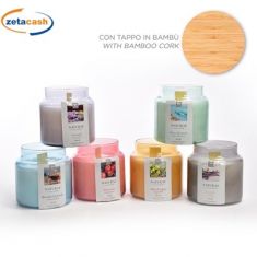 CANDELA IN BARATTOLO IN VETRO E TAPPO LEGNO 500 GR ASSORTITE