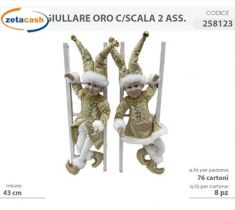 GIULLARE CON SCALE IN LEGNO DI PINO E CERAMICA ORO H 43 CM