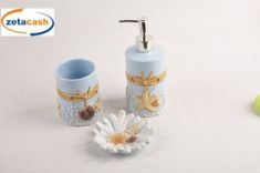 SET 3 PZ ACCESSORI BAGNO ROSA CON DEC MARINI RILIEVO