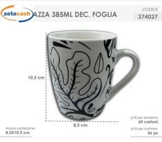 TAZZA IN PORCELLANA CON DECORO FOGLIE E FIORI NERO CM 9X11