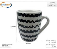 TAZZA IN PORCELLANA CON DECORO RIGHE ONDULATE NERE CM 9X11